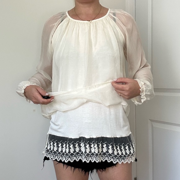 Long Sleeve Silk Blouse with Lace Trim - Picture 4 of 7